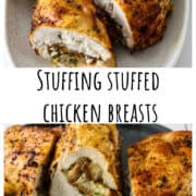 Three stuffed chicken breast halves on a white plate.