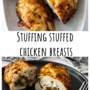 Sliced stuffed chicken breasts on a black plate.